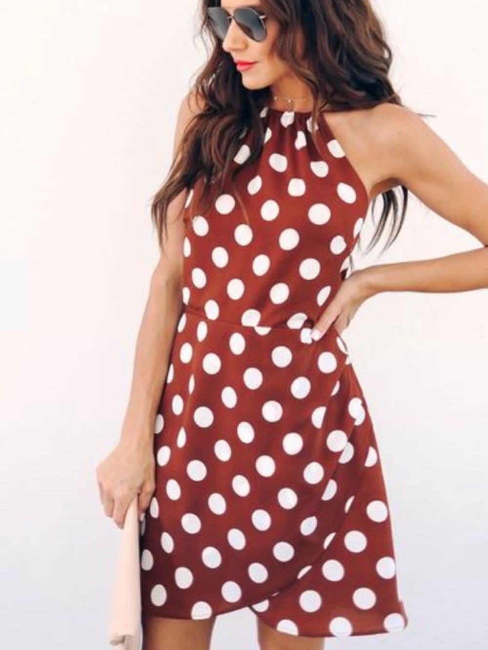 Emory Park halter top mini dress - brown and white polka dot Small